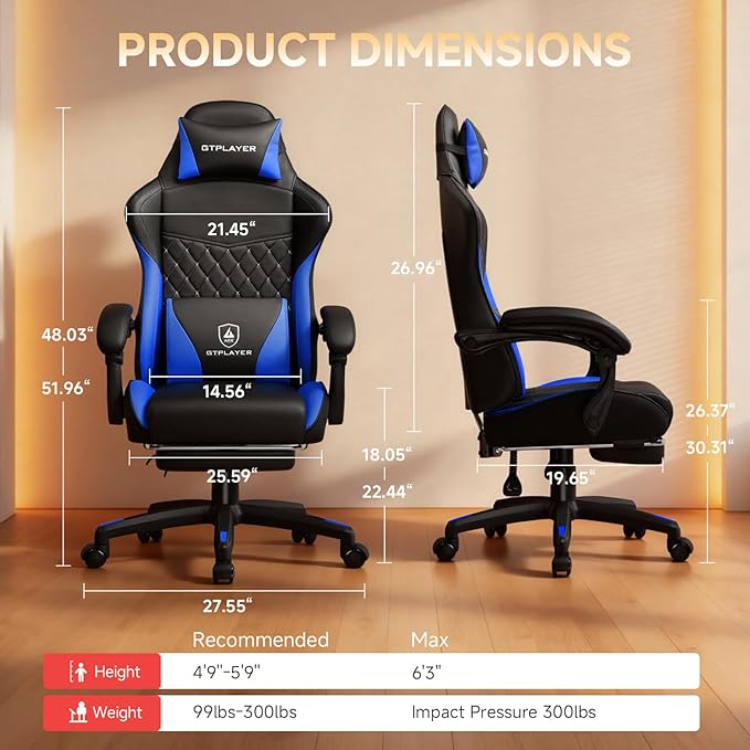 GTPLAYER Gaming Chair High Back Leather Computer Gaming Chair with Footrest Ergonomic Height Adjustable Office Chair with Removable Cover and Lumbar Support for Gaming and Work (Blue)