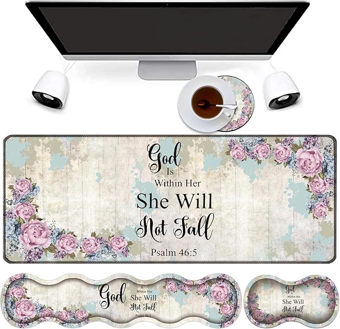 4 in 1 Mouse Pad Combo Large Gaming Mouse Pad + Keyboard Wrist Support + Mouse Wrist Rest + Coaster Table Pad with Stitched Edge Memory Foam Ergonomic Wrist Pad Set Psalm 46:5 Floral