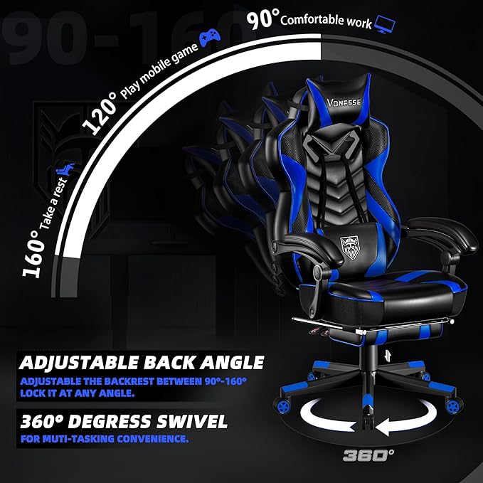 Vonesse Gaming Chair Big and Tall Gaming Chair with Footrest and Massage Gaming Chairs for Adults with Lumbar Support Ergonomic High Back Computer Chair with Pocket Spring Cushion (Black/Blue)