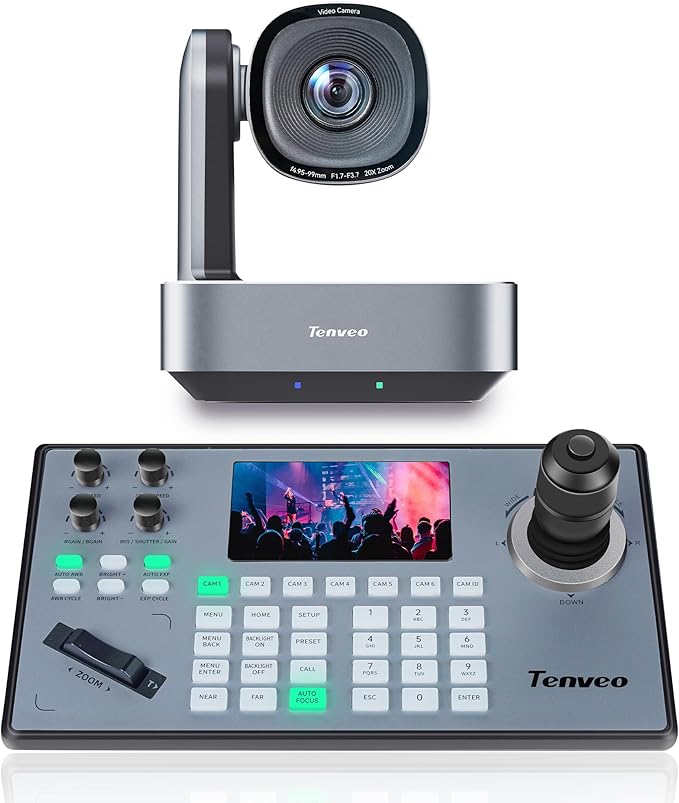 Tenveo 4K PTZ Camera and Controller Bundle 20X Zoom AI Auto-Tracking HDMI/USB3.0/LAN/PoE 4K PTZ Camera and PTZ Controller 5 LCD 4D Joystick NDI Controller Kit for Live Streaming