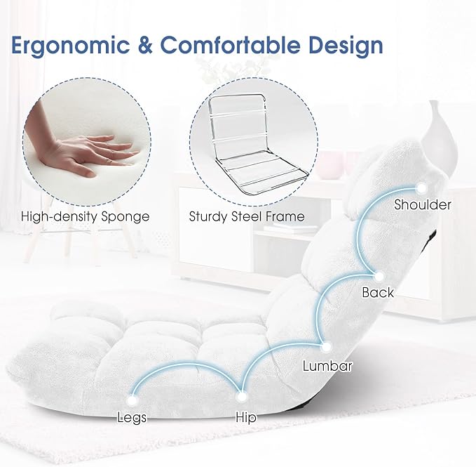 GORELAX Memory Foam Floor Chair 14-Poistion Adjustable Reading Gaming Chair Recliner Folding Cushioned Meditation Chair with Back Support Padded Lazy Sofa for Adults Kids (White)