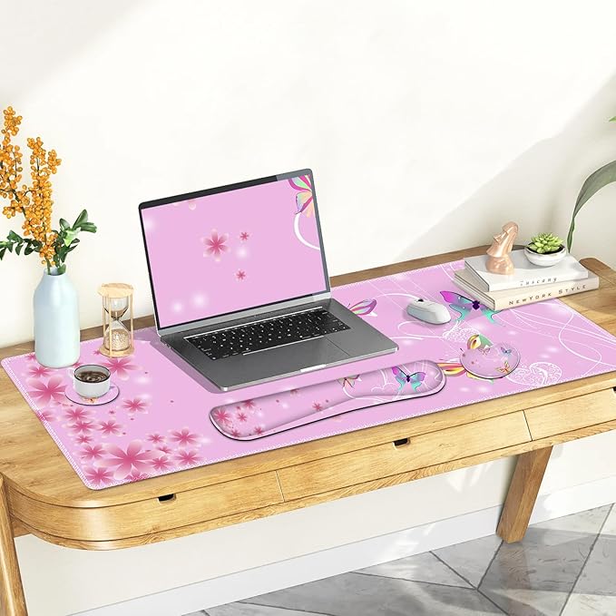 Pink Butterfly Desk Mat Florals 4 in1 Large Gaming Mouse Pad Set Ergonomics Keyboard Pad with Memory Foam Wrist Rest Extended Game Mousepad Non-Slip Desk Protector Matt Easy Typing Pain Relief