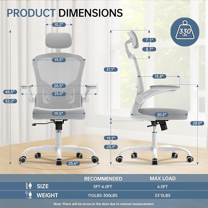 Synorla Office Chair Ergonomic Desk Chair 330LBS Capacity High Back Computer Design for Long Hours Comfort Rolling Swivel for Home Office Flip-up Armrests White+Grey