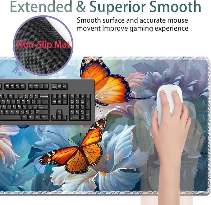 Large Gaming Mouse Pad + Keyboard Wrist Rest + Wrist Support + Coaster Set Memory Foam Ergonomic for Easy Typing XXL Extended Gaming Mouse Pad Table Pad - Painting Butterfly