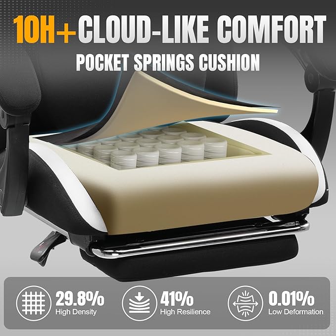 GTPLAYER Gaming Chair with Foot Rest &amp Pocket Spring Cushion Ergonomic High Back Computer Desk Chair with Headrest &amp Lumbar Support for Back Pain Relief Breathable Fabric Black