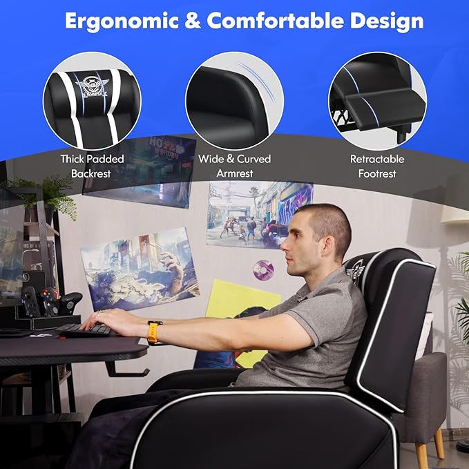 GYMAX Gaming Recliner Massage Gaming Chair with Adjustable Backrest Footrest Remote Control &amp Side Pocket Ergonomic Game Lounge Chair Racing Style Single Theater Seat Game Sofa for Adults (Whi