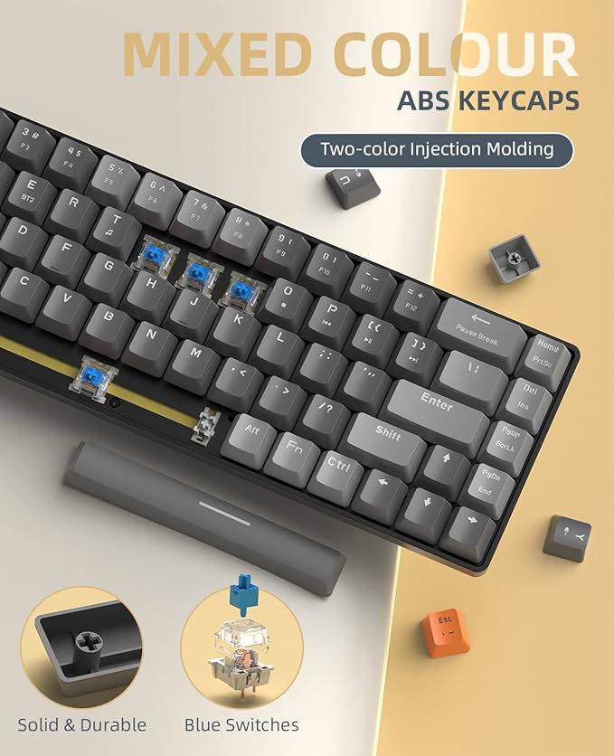 ZIYOU LANG RK68 60% Wireless Mechanical KeyboardBluetooth 5.0/2.4Ghz Dual Mode ReceiverHot-Swappable mini 68-KeyRetro Color KeycapsClicky Blue SwitchUltra Power Saving for PC PS4 Xbox iPhone ipad