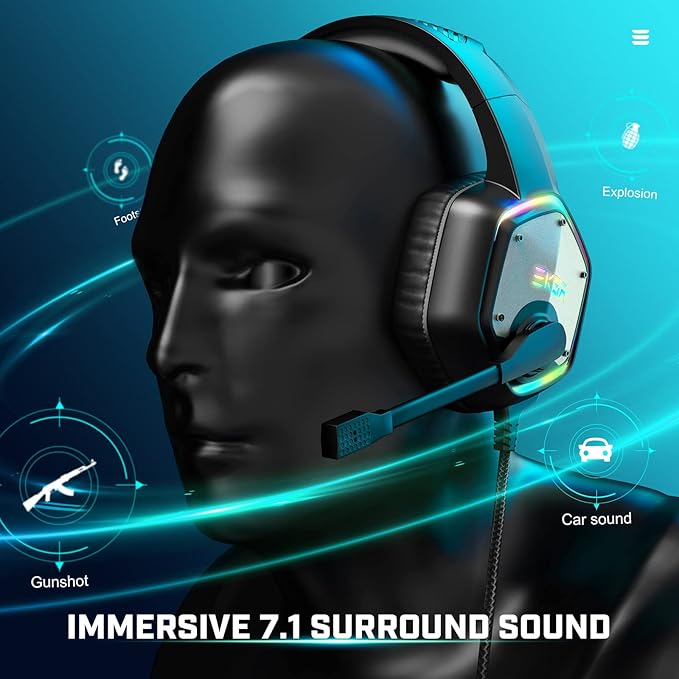 EKSA E1000 USB Gaming Headset for PC Computer Headphones with Microphone/Mic Noise Cancelling 7.1 Surround Sound RGB Light - Wired Headphones for PS4 PS5 Console Laptop Call Center