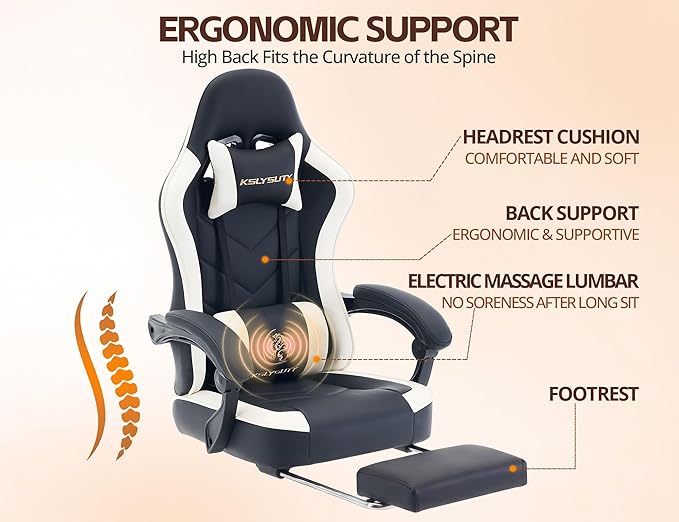 Office Chair Breathable Leather with Pocket Spring Cushion Wide and High Ergonomic Office Chair with Headrest Computer Gaming Chair with Footrest for Adult Black and White
