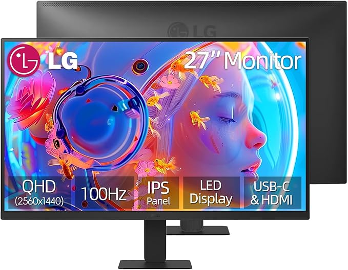 LG 27 inch Monitor IPS QHD (2560 x 1440) 100Hz 99% sRGB HDR10 Black Stabilizer HDMI USB-C 15W PD Dynamic Action Sync Reader Mode Flicker Safe Virtually Borderless Design Tilt Adjustment