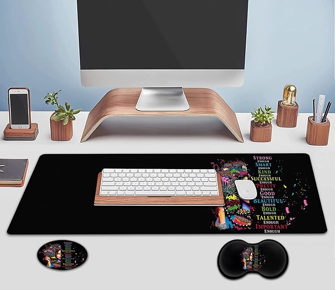 Large Mouse Pad Extended Office Desk Pad 31.5x11.8inErgonomic Memory Foam Mouse Wrist Rest Support for Home Office Computer Writing PadAfrican American Woman Black Women XXL Black Gaming Mouse Mat