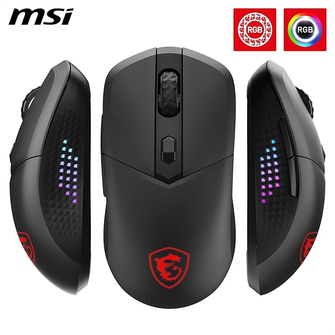 msi Versa 300 Elite Wireless Gaming Mouse - 26000 DPI Optical Sensor 1000 Hz Polling Rate Symmetrical 60M+ Click OMRON Switches 6 Buttons 200-Hour Battery 1ms Latency RGB 65g - Wired/Wireless