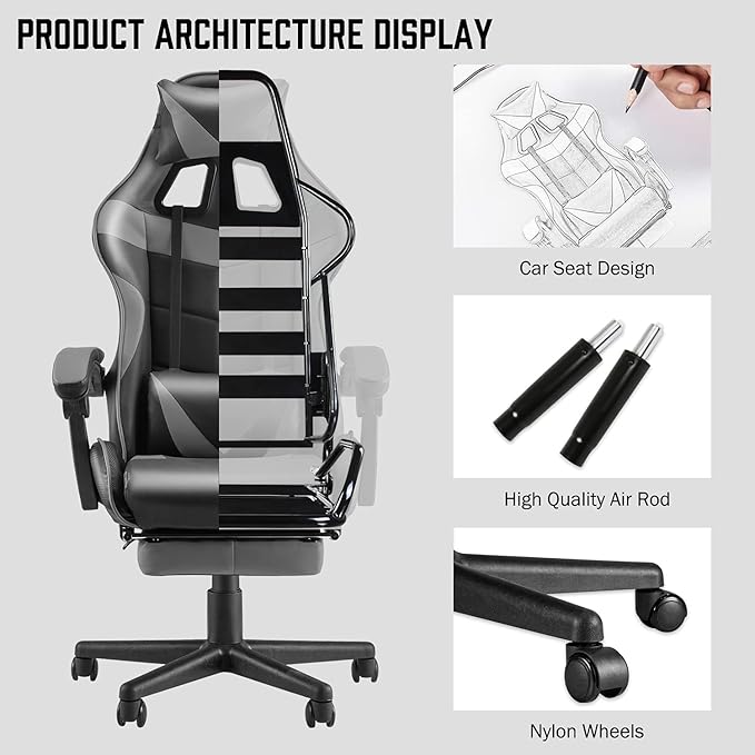 Huracan Gaming Computer Chair with Footrest Adjustable Video Game Chairs for Adults Heavy Duty Office Chair with Headrest and Lumbar Support Grey