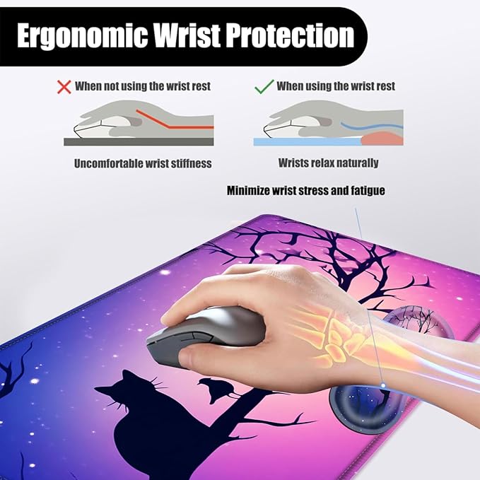 Mouse PadLarge Desk Mat Set 4in1 XL Mousepad + Keyboard Wrist Rest+Mouse Wrist Rest+Coaster with Ergonomic Desk Pad for Home Office Table Computer Cover -Cat and Birds on Branch