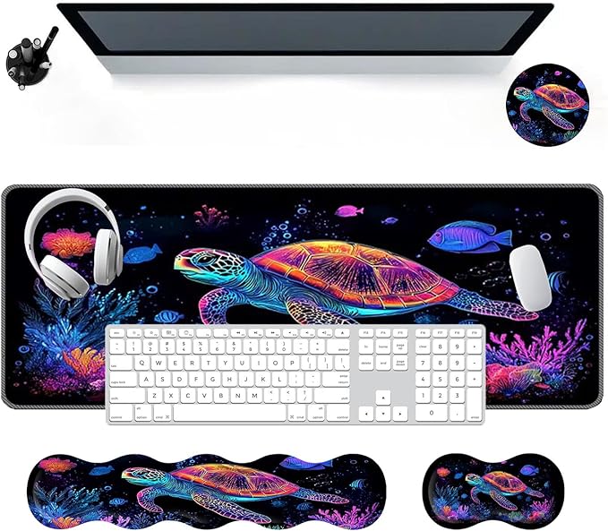 Large Mouse Pad Wrist Support SetDesk Pad+Keyboard Wrist Rest+Mouse Pad Wrist Support+Coaster4in1 XXL Big MousepadErgonomic Design Gaming Mat for Home Office TableSea Turtle