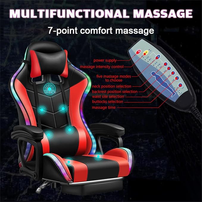Gaming Chair Massage with Footrest RGB Gaming Chair with Speakers Video Game Chair with Headrest and Lumbar Support Backrest Adjustable Reclining Gamer Chair