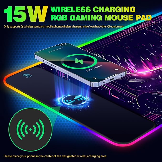 AIMSA Wireless Charging15W Wireless Fast Charging with Mouse Pad Large Keyboard RGB Mouse Pad with 14 LED Light Modes Non-Slip Desk Pad Purple Planet