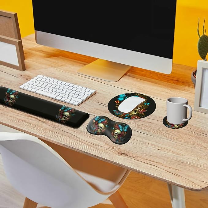 Mouse Pad with Wrist Rest + Keyboard Wrist Rest + Gaming Mouse Pad + Coasters Ergonomic Memory Foam Wrist Pad Set with Easy Typing &amp Pain Relief for Computer Laptop Office &amp HomeBlue Butterfl