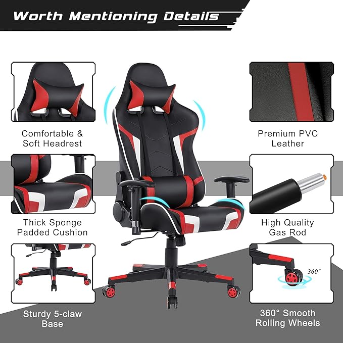 GYMAX Gaming Chair Massage Gaming Chairs for Adults with Headrest Lumbar Support &amp Armrest Video Computer Reclining Gaming Chair Office Desk Gamer Task Chair (Red)