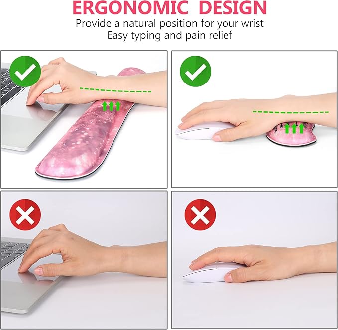 DINKY Keyboard Mouse Pad Set Large Gaming Mousepad + Memory Foam Ergonomic Keyboard Wrist Rest Support Easy Typing Pain Relief 4Pcs (35.4 x 15.7) Extended Desk Mat -Pink Glitter Letters