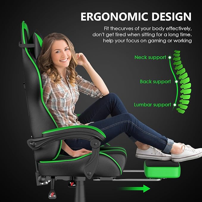 Huracan Gaming Chair with Footrest Adjustable Video Game Computer Chairs for Adults Reclining Backrest Office Desk Chair with Headrest and Lumba Pillow Green
