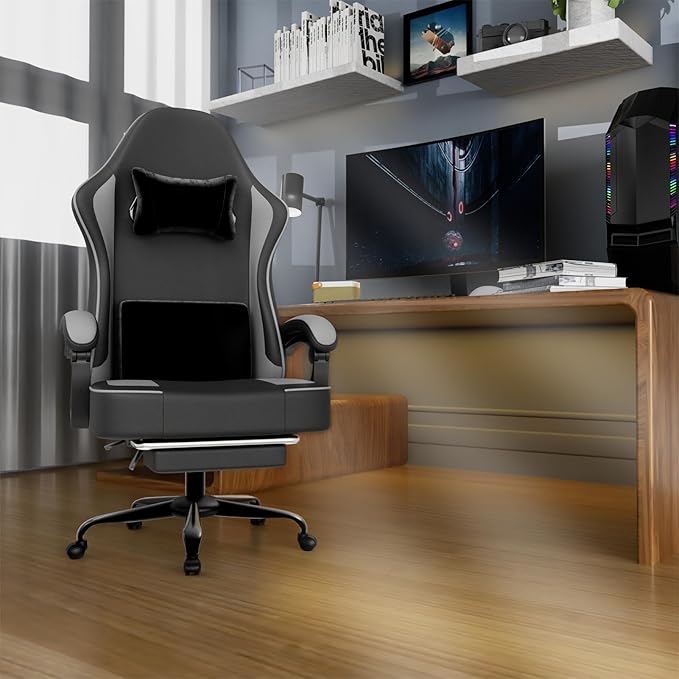 Gaming Chair with Pocket Spring Cushion and Footrest PU Leather Game Chair Adjustable Headrest Home Office Desk Chairs Comfortable Ergonomic Computer Chairs