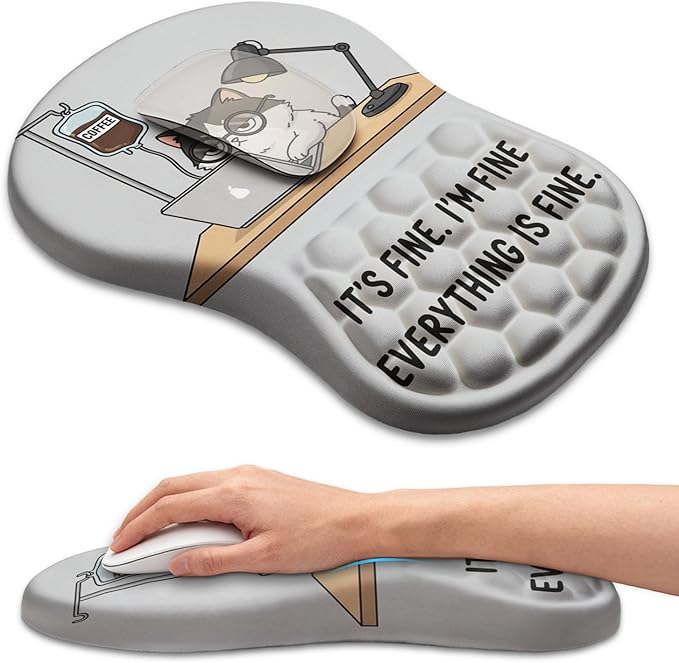 Ergonomic Mouse Pad Wrist Rest Carpal Tunnel Pain Relief Wrist Support Mousepad with Massage Bulge Memory Foam (Coffee Cat 11.8x7.9 in)