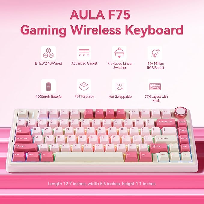 AULA F75 Wireless Keyboard 75% Gaming Keyboard Hot Swappable with Creamy SoundBluetooth/2.4GHz/USB-CCustom RGB Mechanical Keyboard for PC Gamer - Pink