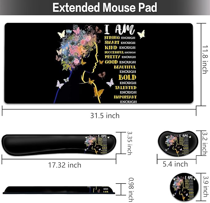 Large Mouse pad and Keyboard Support Set Ergonomic Memory Foam Keyboard Wrist Rest Extended Gaming Mouse Pad Woman Silhouette Inspirational Quotes XXL Desk Mat (31.5 X 11.8 in)