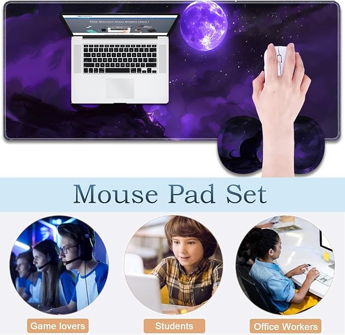 Large Gaming Mouse Pad + Wrist Rest + Lace Coaster Non-Slip Set with Sewn Edges and Waterproof Expandable Desktop Pad Suitable for Office/Home Black Cat and Purple Moon