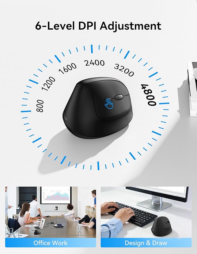 TECKNET Ergonomic Mouse Wireless Bluetooth Vertical Mouse (BT5.0/3.0 &amp 2.4G) Rechargeable 4800 DPI Optical Mouse with 6 Adjustable DPI Quiet Clicks USB A Receiver 6 Buttons - Wide Compatibilit