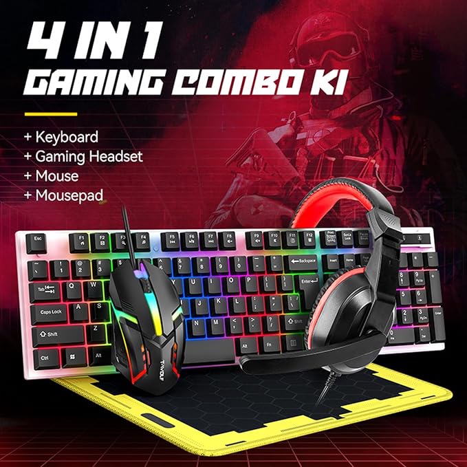 Docooler Gaming Keyboard and Mouse Combo Gaming Keyboard and Mouse and Mouse pad and Gaming Headset Wired LED RGB Backlight Bundle for PC Gamers