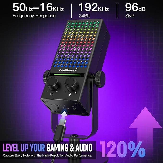 ZealSound Gaming Microphone for Xbox PC &amp Mac Noise Cancellation Streaming Mic with One Tap Mute RGB Lighting Monitoring Gain Control Condenser Mic for iPhone Computer Podcast Gamer YouT