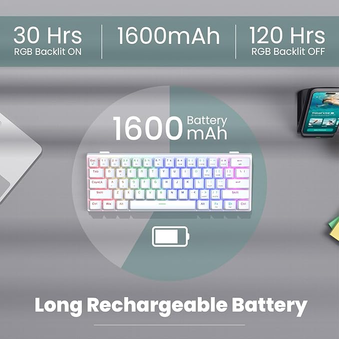Pauroty 60% Wireless Creamy Keyboard Triple Mode 2.4G/USB-C/Bluetooth Gaming Keyboard RGB Backlit Linea Red Switches Creamy Sounding 61 Keys Rechargeable Mini Wireless MechanicalKeyboard