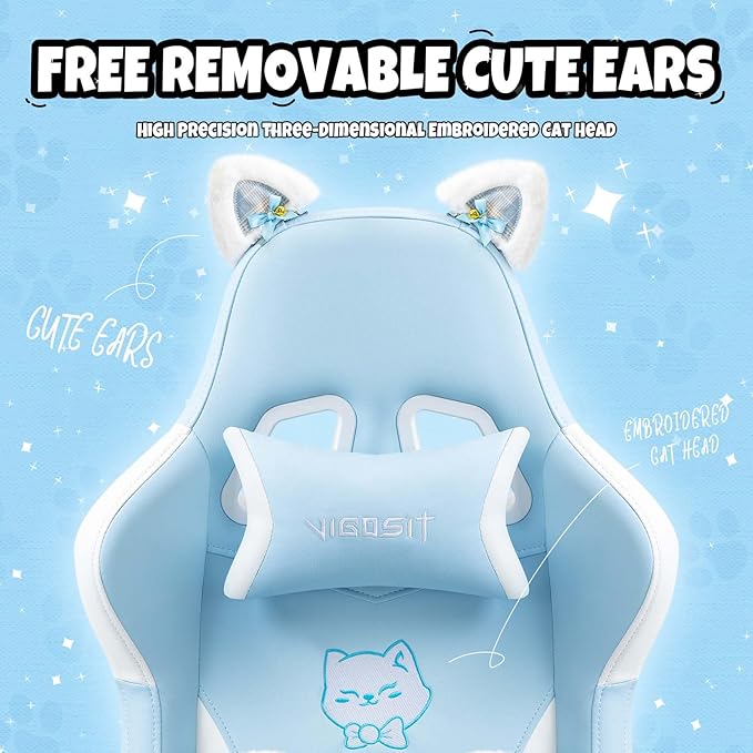 【Gaming Chair with Paw Cushion】 Kawaii PC Gamer Chair for Girls Teens Adjustable Height &amp 90-155° Recline 360° Swivel with Retractable Footrest (Blue)