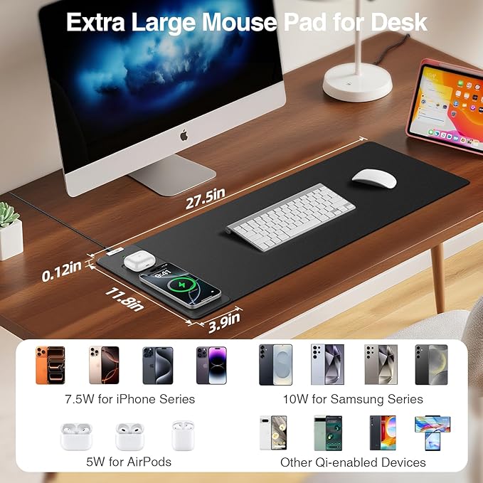 Magnetic Wireless Charging Mouse Pad 27.5x11.8 Gaming Desk Mat for Keyboard/Laptop Non-Slip Base &amp 20W PD Adapter Waterproof Smooth Desk Writing Pad for Gamer Office &amp Home Black