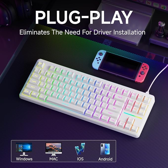 V80 Wired TKL RGB Gaming Keyboard 80% Compact Layout with PBT Keycaps Whisper Quiet Membrane Switch 26-Key Anti-Ghosting Ergonomic Computer Keyboard for Laptop PC Gamer - White