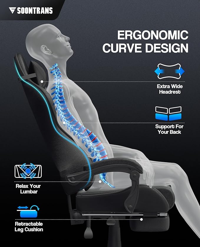 Soontrans Black Gaming Chairs with Footrest Ergonomic Gamer Chair Home Office ChairPC Computer Chair with Headrest and Lumbar Support(Dark Black)