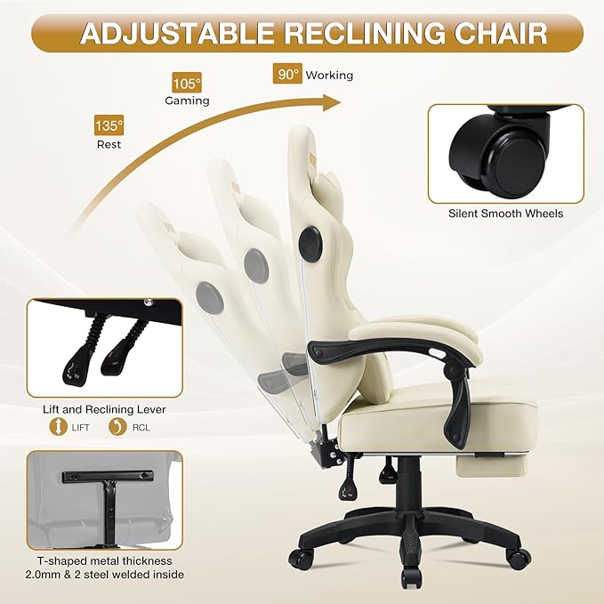 HOFFREE Gaming Chair Computer Chair with Speakers Massage Game Chairs with Footrest Bluetooth High Back Ergonomic Computer Gaming Chairs for Adults Reclining Video Gamer Chair Ivory