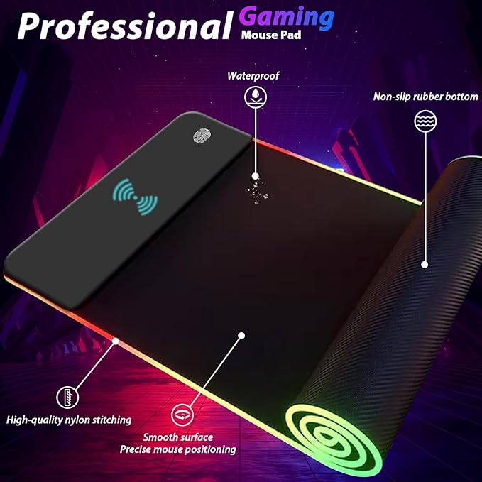 Wireless Charging RGB Mouse Pad Gaming LED Mousepad with 10 Light Modes Extra Large XXL Full Non-Slip Desk Pad Mat for Keyboard and Mouse Computer MacBook PC Laptop Acessories (800x300x4MM)