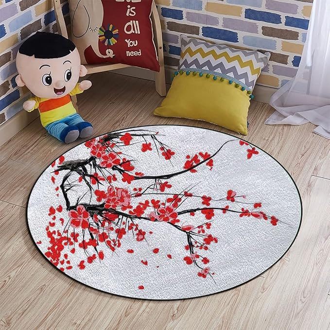 Gaming Chair Mat for Hardwood Floor Anti-Slip Floor Protector Game Controller Rubber Gaming Computer Chair Mat Floral Japanese Cherry Blossom Vermilion WhiteDiameter 48 in