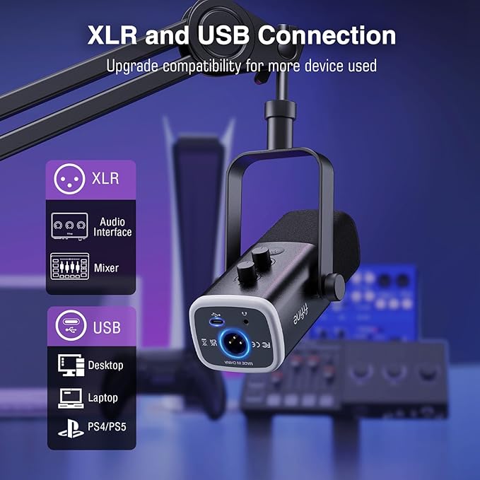 FIFINE XLR/USB Microphone and Heavy Duty Boom Arm Kit PC Computer Gaming Streaming Mic with RGB Light Mute Button Headphones Jack Microphone Arm Stand Bundle for Podcast Recording (AM8+BM63)