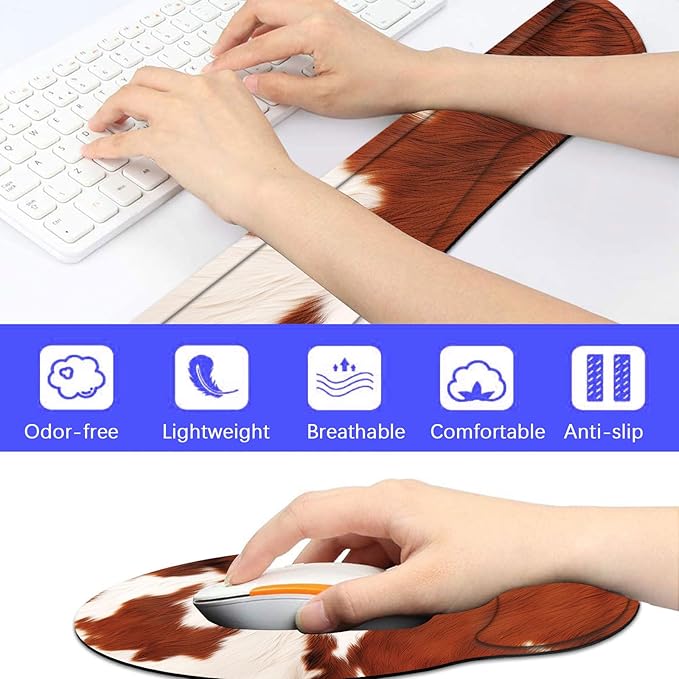 Keyboard Wrist Rest and Mouse Pad Wrist Support Set with CoasterComfortable for Easy TypingPain ReliefMemory Foam Keyboard Pad Set for Laptop MacCowhide Farm Animal Skin Leopard Brown Cow