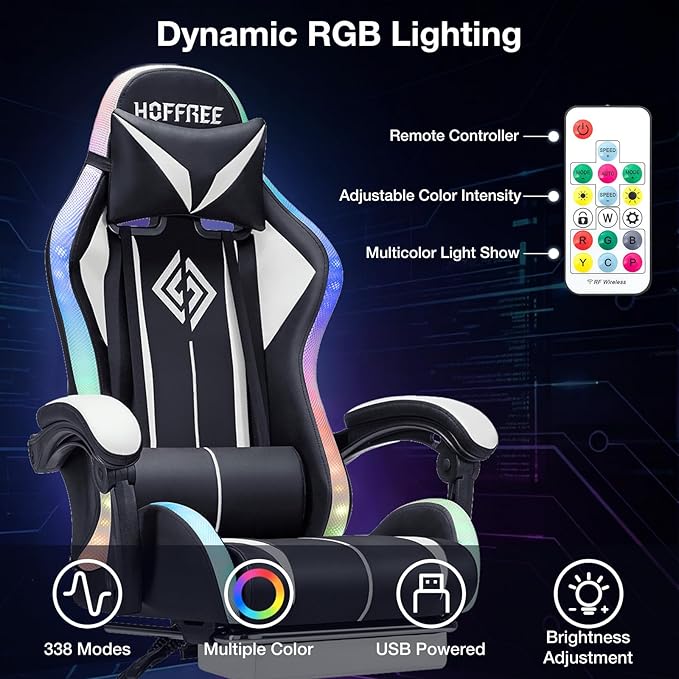 HOFFREE RGB Gaming Chair with Speakers Massage Computer Gaming Chair with LED Lights and Footrest High Back Video Game Chair for Adults White and Black