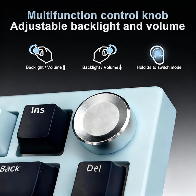 DstoPar Wireless Mechanical Keyboard75% Hot Swappable Gaming Keyboard with Multifunction knobRGB BacklitGasket StructurePBT Keycaps Bluetooth5.0/Type-C/2.4GK81 Mechanical Keyboard（Iceland Blue）