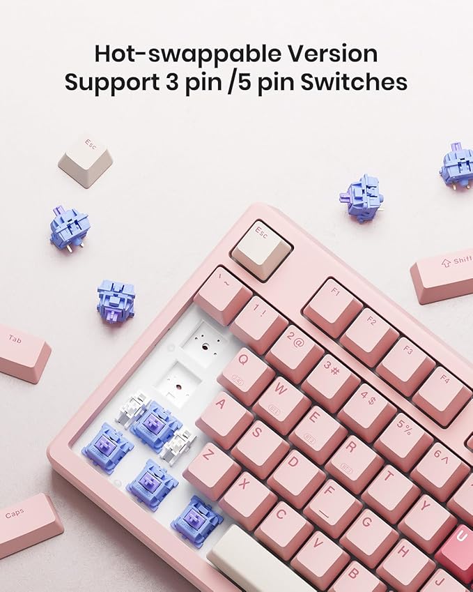 KN85 Wireless Mechanical Gaming Keyboard 75% Layout with RGB Backlit Custom Hot Swappable Creamy Sound Bluetooth/2.4GHz/USB-C Compatible with Windows/Mac/PC (Rose Pink Linear Switch)