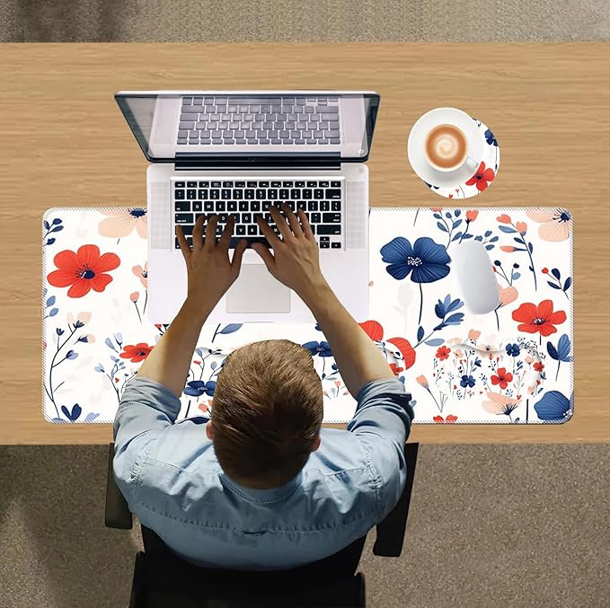 Large Mouse Pad Wrist Support SetDesk Pad+Keyboard Wrist Rest+Mouse Pad Wrist Support+Coaster4in1 XXL Big MousepadErgonomic Design Gaming Mat for Home Office TableBeautiful Flowers