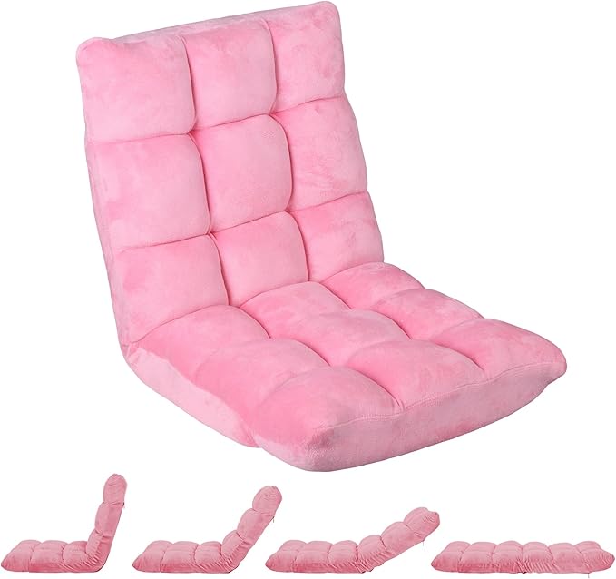 SUPER DEAL 14-Position Folding Floor Chair Gaming Sofa Cushioned Padded Reclining Bed Lounge Couch Seating for Comfy Reading Reading Gaming Relaxing Watching TV Pink