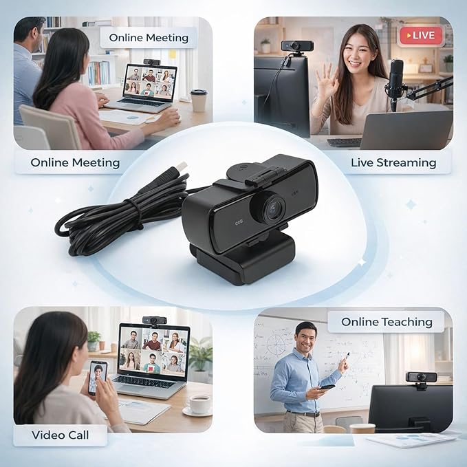 USB Computer Camera with Built - in Microphone 2K HD Video Call Lens Protection Cover - Plug and Play Wide Angle View Ideal for Remote Work and Streaming