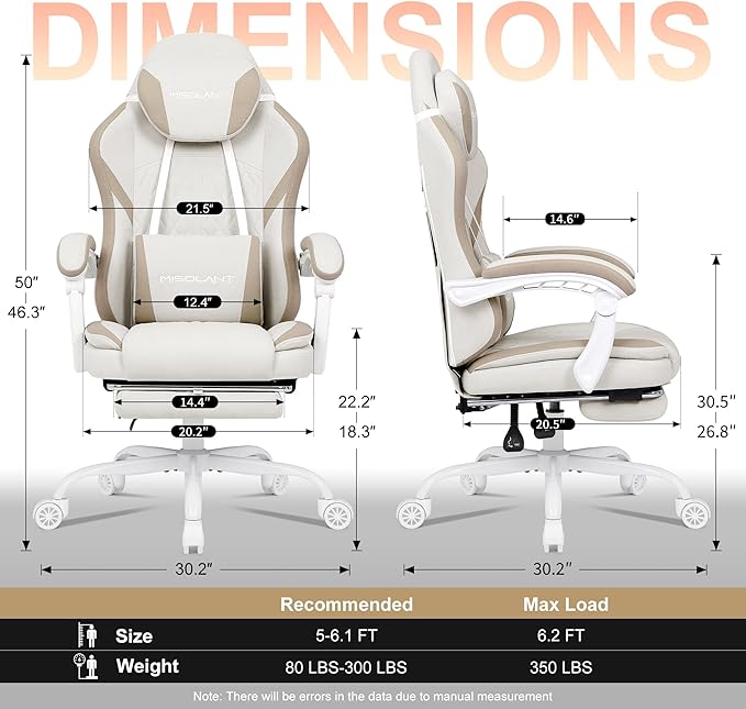 Misolant Gaming Chair Fabric Gamer Chair with footrest for Adults High Back Ergonomic Computer Game Chair with Adjustable Headrest and Massage Lumbar Support 90-155° Recline Free Beige